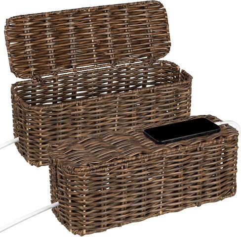 2 Pack Handwoven Cable Management Box with Lid, Decorative Cord Organizer for Power Strips, Chargers, TV Wires, Desk, Home & Office Storage, Plastic Rattan Tube in Kuwait
