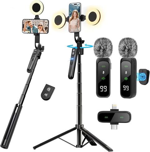 Content Creator Starter Kit,Vlogging Kit for iPhone/Android,70"Auto Face Tracking Tripod 360 Rotation with Light, Wireless Microphones,Selfie Stick Tripod for TikTok & YouTube Starter Kit in Kuwait