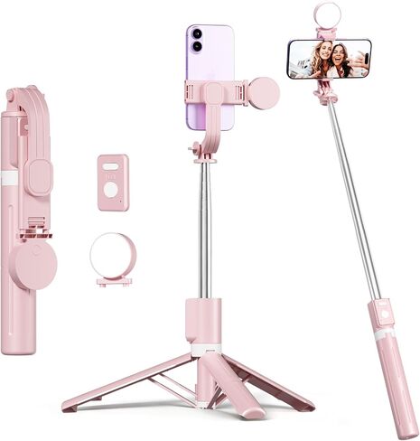 Selfie Stick with Rechargable Remote & Light (1PC), Tripod for iPhone, Cell Phone Stand for Video Recording, Portable Travel Essentials Smartphone Mount Holder, Extendable Vlogging Filming Accessories in Saudi Arabia