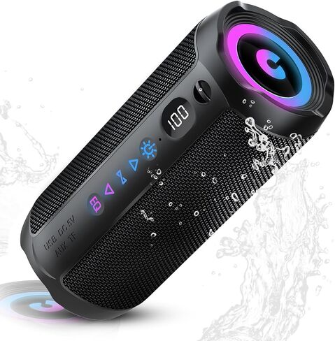 مكبر صوت بلوتوث محمول، مكبر صوت بلوتوث 5.4، مكبر صوت مزدوج مع شاشة LED، صوت جهير عميق، وقت تشغيل 25 ساعة، أضواء RGB ملونة، مقاومة للماء IPX7، اقتران TWS للاستخدام في الهواء الطلق/المنزل/الحفلة/السفر، أفكار الهدايا in Kuwait