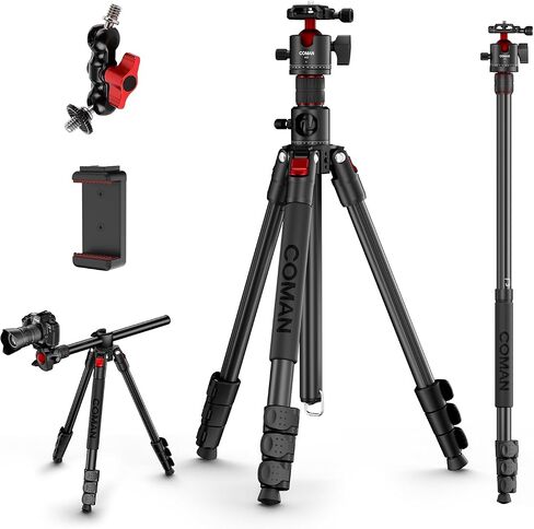 COMAN 72" Overhead Camera Tripod with Fluid Head,Horizontal Tripod for Top-Down Product & Food Photography,Detachable Monopod&Invertible Center Column,Aluminum Tripod for DSLR Camcorder Spotting Scope in Saudi Arabia