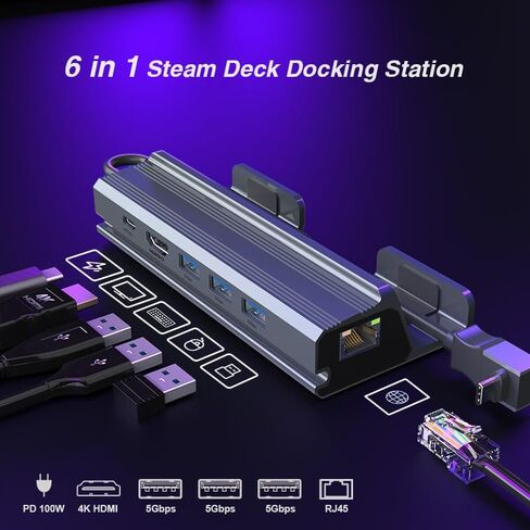 Qhou Docking Station, 6 in 1 USB C Docking Station, HDMI 2.0, 4K@60Hz, Gigabit Ethernet, 3 USB A 3.0 and USB C Charging Ports, Compatible with Valve Steam Deck, Tablet in Kuwait