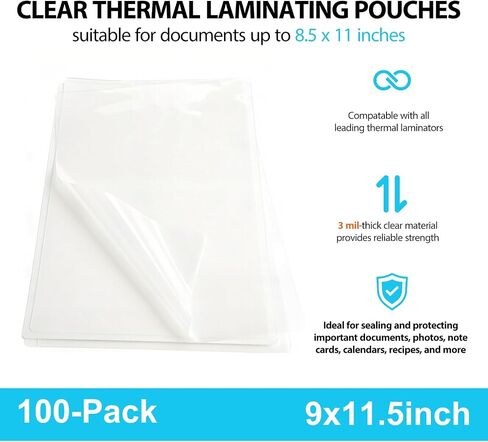 100 Pack Laminating Sheets, 3 Mil, 9 x 11.5 Inches Thermal Laminating Pouches Lamination Sheet Paper for Laminator, Clear, Letter Size, Office and School Supplies in Kuwait