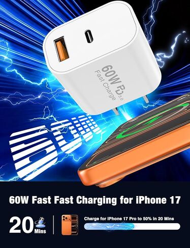 شاحن سريع USB C بقدرة 60 وات لهاتف iPhone 17/16/15 Pro Max (عبوة من قطعتين). in Kuwait