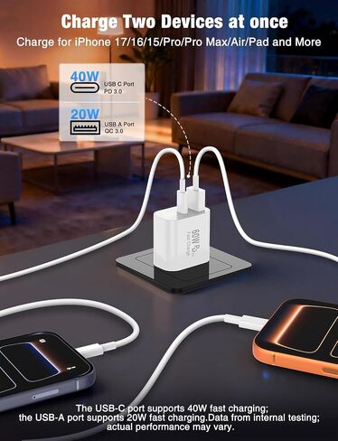 شاحن سريع USB C بقدرة 60 وات لهاتف iPhone 17/16/15 Pro Max (عبوة من قطعتين). in Kuwait