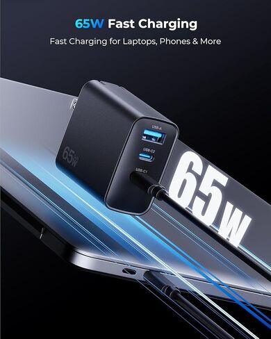 Phone Charger, 65W USB C Fast Charger Block, 3-Port Foldable Type C Charger with Dual USB-C & USB-A Ports for iPhone 17/16/15 Series, Samsung Galaxy S24/S23, iPad, MacBook Air & More in Saudi Arabia