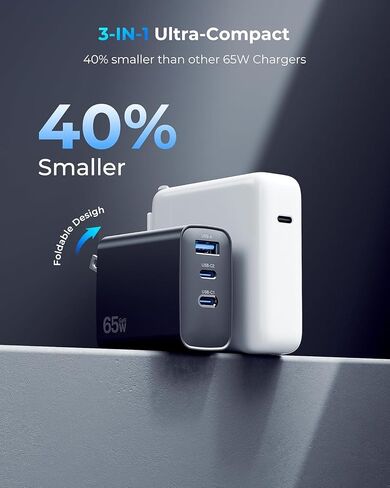 Phone Charger, 65W USB C Fast Charger Block, 3-Port Foldable Type C Charger with Dual USB-C & USB-A Ports for iPhone 17/16/15 Series, Samsung Galaxy S24/S23, iPad, MacBook Air & More in Saudi Arabia