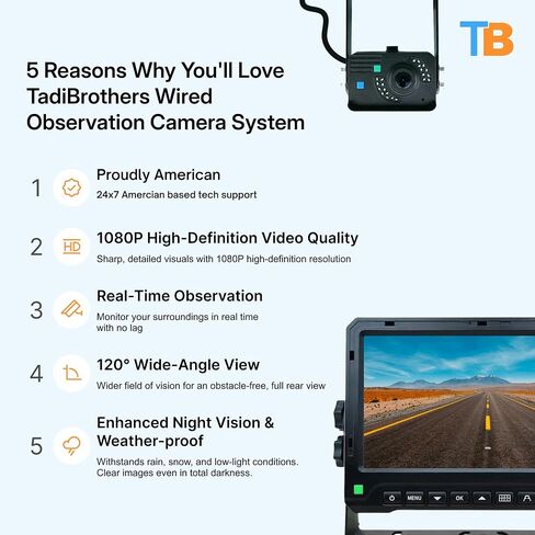 TadiBrothers Heavy Duty 1080P Wired Camera with Monitor, AHD High-Resolution Monitor, Wide-Angle Camera for Tractors, Vans, RVs, Real-Time Lane Change & Reversing – American-Based, 1-Year Warranty in Saudi Arabia