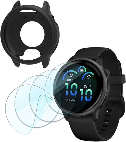 for Garmin Vivoactive 6 Screen Protector & Case Set，HD TPU Soft Protective Film,【Not Glass】 and Shockproof silicone Cover Cases pale green (Pack of 4+1) (Black Case) in Kuwait