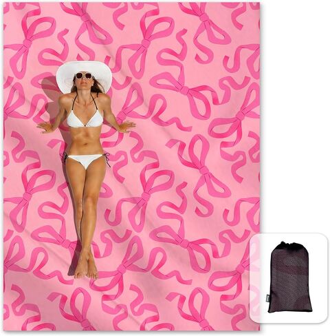 Sunlit Large Beach Blanket Waterproof Sand Proof, 81" x106" Sand Free Beach Mat Anchored Pockets and Storage Bag, for Travel Beach Camping Outdoor Festival, Coquette Pink Bow in Saudi Arabia