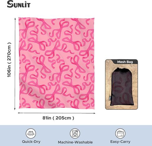 Sunlit Large Beach Blanket Waterproof Sand Proof, 81" x106" Sand Free Beach Mat Anchored Pockets and Storage Bag, for Travel Beach Camping Outdoor Festival, Coquette Pink Bow in Saudi Arabia