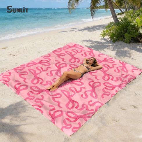 Sunlit Large Beach Blanket Waterproof Sand Proof, 81" x106" Sand Free Beach Mat Anchored Pockets and Storage Bag, for Travel Beach Camping Outdoor Festival, Coquette Pink Bow in Saudi Arabia