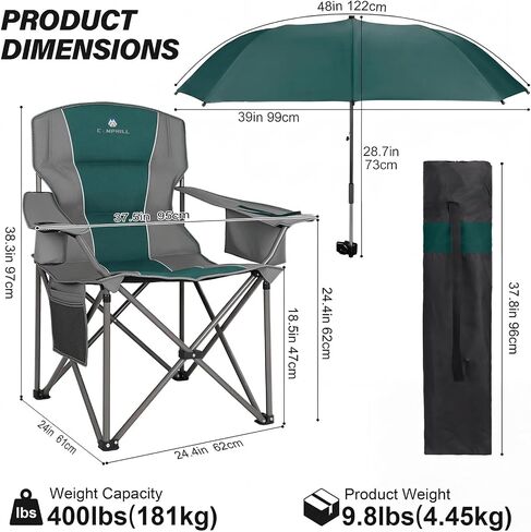2 Pack Oversized Camping Chairs with Adjustable Umbrella-Folding Padded Lawn Chair with Backrest & Comfy Armrest-Heavy Duty for Beach Patio Picnic,Black in Saudi Arabia
