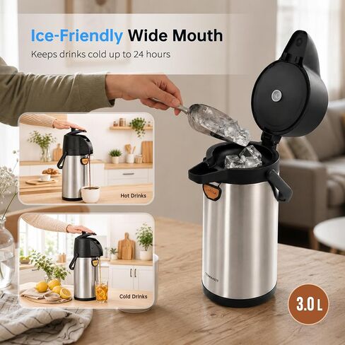 TOMAKEIT Airpot Coffee Dispenser Thermal with Pump,3L/102 Oz Insulated Stainless Steel Large Airpot Coffee Carafe Lever Action for Hot/Cold Water,Thermal Carafe for Hot Cocoa for Parties in Kuwait