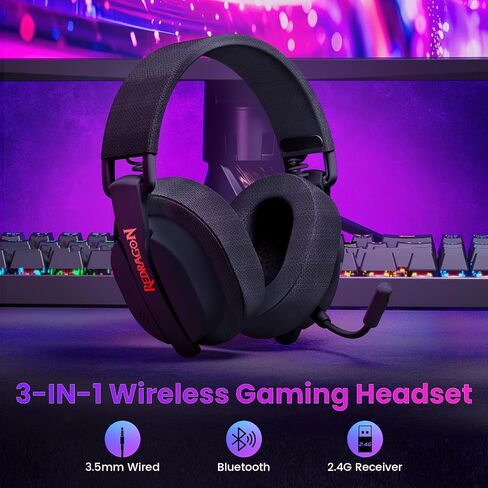 Redragon H888 Wireless Gaming Headset with 7.1 Surround Sound, Tri-Mode Gaming Headphones, 168G Lightweight Design - Detachable Mic - 40MM Driver Soft Memory Foam Padding Gamer Headset for PC, Black in Saudi Arabia