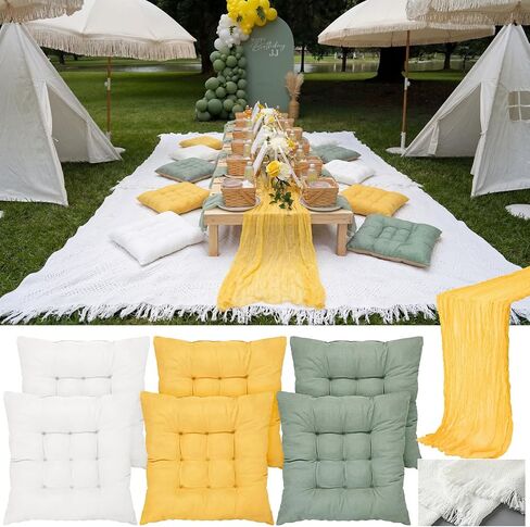 8 Pcs Fit for 6 People 91 x 71'' Extra Large Outdoor Picnic Blanket with Bright Table Runner and Floor Pillow Cushion Fit for 6 People Picnic Wedding Birthday Baby Shower Backyard Decor in Saudi Arabia