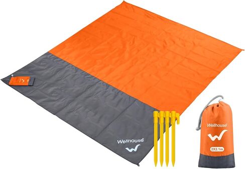 wellhouse Sandproof Beach Blanket,Camping Mat Waterproof Picnic Blankets with Floating Waterproof Phone Pouch Washable Rug for Travel Hiking Music Grass BBQ (Orange) in Saudi Arabia