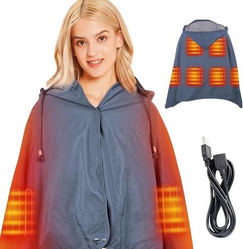 DUKUSEEK Waterproof Heated Blanket, 5V Electric Outdoor Fleece Blanket with Hood, Windproof Stadium Mat for Camping, Picnic, Sports, Football, Concerts, 57'' x 36'',Grey NO Battery NO Charger in Kuwait