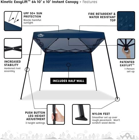 YOLI Kinetic EasyLift 64 مظلة منبثقة فورية فائقة الحمل، إعداد شخص واحد 8x8 أعلى على قاعدة 10x10، مأوى ساق مائل مع 1/2 جدار - أزرق in Kuwait