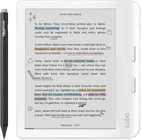 Kobo Libra Colour eReader (White with Stylus), 7" Glare-Free Colour E Ink Kaleido™ 3 Display, Dark Mode Option, Audiobooks, Waterproof in Kuwait