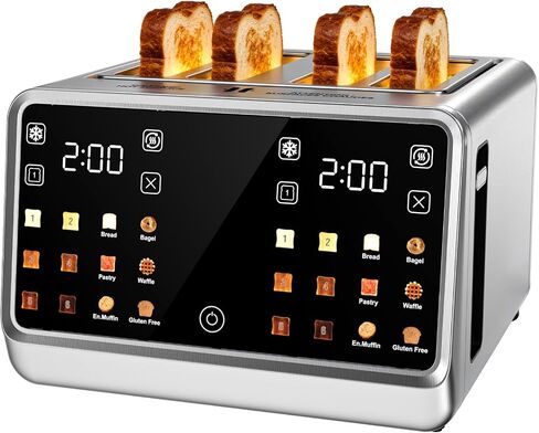 4 Slice Toaster with Dual Digital Smart TouchScreen & Independent Control Panel, Single-Slot Tech, Timer/Reheat/Defrost for Bagels, Bread, 1800W Stainless Steel, 6 Toast Types & Shade Settings in Saudi Arabia