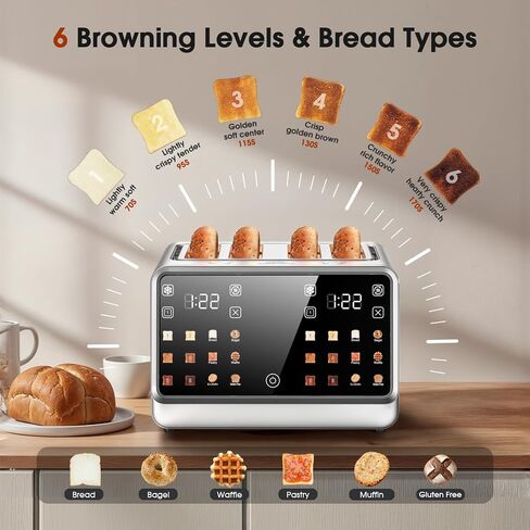 4 Slice Toaster with Dual Digital Smart TouchScreen & Independent Control Panel, Single-Slot Tech, Timer/Reheat/Defrost for Bagels, Bread, 1800W Stainless Steel, 6 Toast Types & Shade Settings in Saudi Arabia