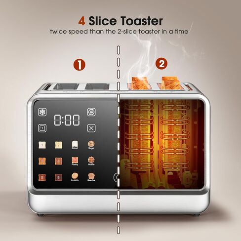 4 Slice Toaster with Dual Digital Smart TouchScreen & Independent Control Panel, Single-Slot Tech, Timer/Reheat/Defrost for Bagels, Bread, 1800W Stainless Steel, 6 Toast Types & Shade Settings in Saudi Arabia