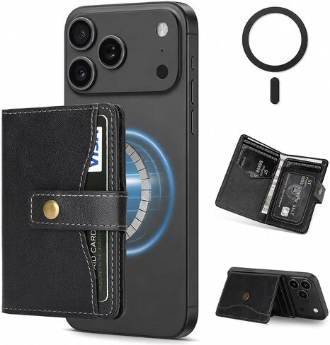 Magnetic Wallet Compatible with MagSafe,RFID Blocking PU Leather Card Holder,4 Card Slots,Cash Pocket,Photo ID Window,Snap Button,Magnetic Ring Included,Compatible with iPhone&Android Cases,Black in Kuwait