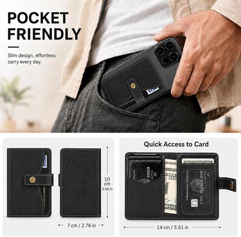 Magnetic Wallet Compatible with MagSafe,RFID Blocking PU Leather Card Holder,4 Card Slots,Cash Pocket,Photo ID Window,Snap Button,Magnetic Ring Included,Compatible with iPhone&Android Cases,Black in Kuwait