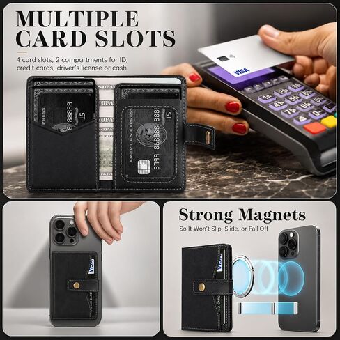 Magnetic Wallet Compatible with MagSafe,RFID Blocking PU Leather Card Holder,4 Card Slots,Cash Pocket,Photo ID Window,Snap Button,Magnetic Ring Included,Compatible with iPhone&Android Cases,Black in Kuwait