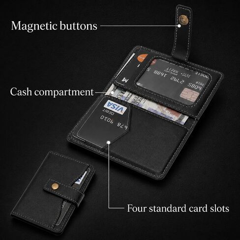 Magnetic Wallet Compatible with MagSafe,RFID Blocking PU Leather Card Holder,4 Card Slots,Cash Pocket,Photo ID Window,Snap Button,Magnetic Ring Included,Compatible with iPhone&Android Cases,Black in Kuwait