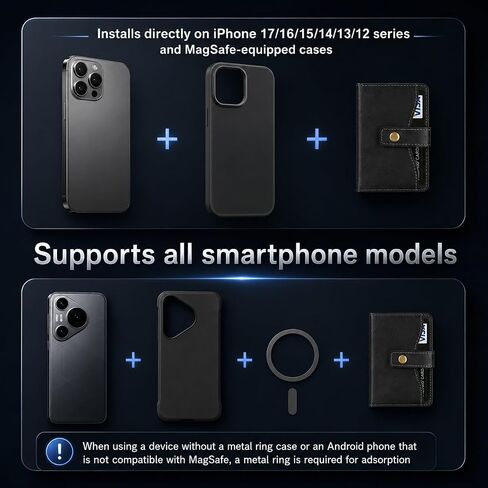Magnetic Wallet Compatible with MagSafe,RFID Blocking PU Leather Card Holder,4 Card Slots,Cash Pocket,Photo ID Window,Snap Button,Magnetic Ring Included,Compatible with iPhone&Android Cases,Black in Kuwait