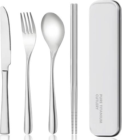 Zing TTI titanium tableware set, travel tableware with box, including titanium fork, knife, chopsticks and spoon, packed in a suitcase, portable design, suitable for school, work, picnic, camping use in Kuwait