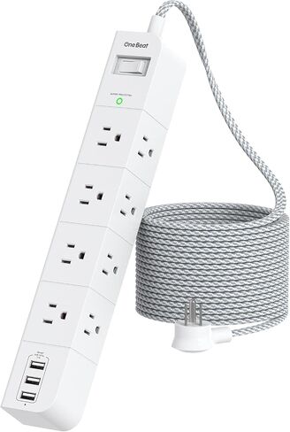 One Beat 10 ft Extension Cord,Power Strip Surge Protector 8 Widely AC Outlets 3 USB,Flat Plug,Desktop Charging Station with Overload Protection,Wall Mount for Home,Office,Travel,Computer ETL Listed in Saudi Arabia