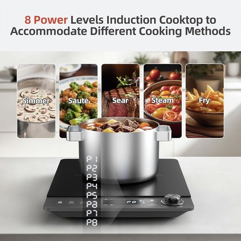 Induction Cooktop,SOPINWAEH Single Portable Induction Cooker Countertop Burner For Cooking,8 Power Levels&8 Temp Setting,3-Hour Timer Child Safety Lock in Kuwait