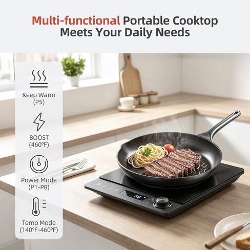 Induction Cooktop,SOPINWAEH Single Portable Induction Cooker Countertop Burner For Cooking,8 Power Levels&8 Temp Setting,3-Hour Timer Child Safety Lock in Kuwait