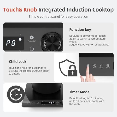 Induction Cooktop,SOPINWAEH Single Portable Induction Cooker Countertop Burner For Cooking,8 Power Levels&8 Temp Setting,3-Hour Timer Child Safety Lock in Kuwait