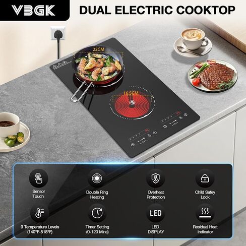 موقد كهربائي VBGK، موقد كهربائي 110 فولت 2100 وات 2 شعلة، كونترتوب وموقد مدمج مع 9 مستويات طاقة، قفل أمان للأطفال، مؤقت، تحكم باللمس LED، حماية من الحرارة الزائدة in Kuwait