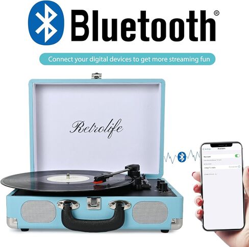 Vinyl Record Player 3-Speed Bluetooth Suitcase Portable Belt-Driven Record Player with Built-in Speakers RCA Line Out AUX in Headphone Jack Vintage Turntable in Kuwait