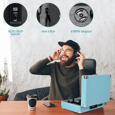 Vinyl Record Player 3-Speed Bluetooth Suitcase Portable Belt-Driven Record Player with Built-in Speakers RCA Line Out AUX in Headphone Jack Vintage Turntable in Kuwait