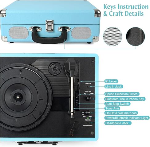 Vinyl Record Player 3-Speed Bluetooth Suitcase Portable Belt-Driven Record Player with Built-in Speakers RCA Line Out AUX in Headphone Jack Vintage Turntable in Kuwait