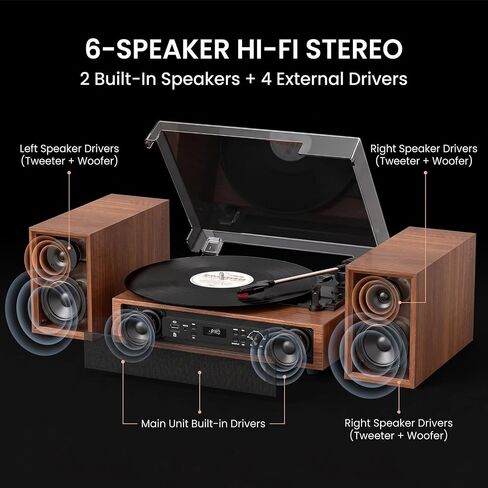 Vinyl Record Player with 6 Speakers, 4 Built-in & 2 External, HiFi Sound in Saudi Arabia