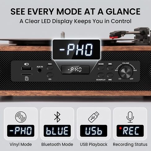 Vinyl Record Player with 6 Speakers, 4 Built-in & 2 External, HiFi Sound in Saudi Arabia