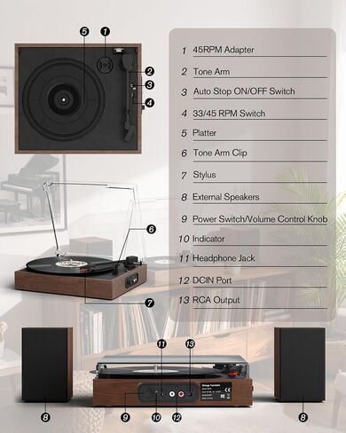 Retrolife® Record Player with 2 External Speakers, Vinyl Turntable, Walnut in Kuwait