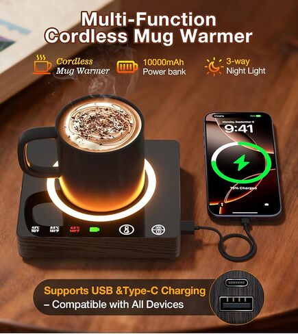 Mug Warmer, Portable Charger, Wireless Coffee Cup Warmer for Desk, 3 Temp Settings, Smart Candle Heat Plate for Home, Office, Travel, Camping & Gifts in Kuwait