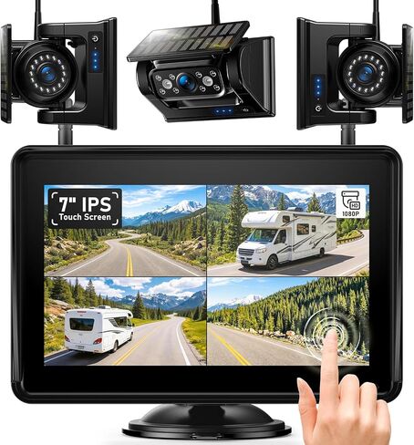 Magnetic Solar Wireless Backup Camera HD 1080P 10" DVR Monitor, Dual RV Cameras Wireless System for Hitch Towing Travel RV Camper 5th Wheel, Built-in 9600mAh Battery & Solar Panel, ZEROXCLUB BD102 in Kuwait