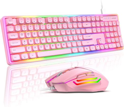 Wired RGB Keyboard and Mouse Combo, Adjustable Rainbow Backlit, 104-Key Full-Size with Numpad, 6400 DPI Ergonomic High-Precision Mouse, Plug & Play, for PC Laptop Mac Windows Mac Office Gaming (Pink) in Kuwait