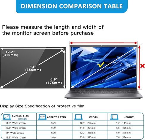 Laptop Privacy Screen 14 in, FILMEXT Privacy Protection Filter for Laptop 14"Asus/ 14"Acer/14"HP/14"Dell/14"Toshiba 16:9, Anti-Spy,Anti-Glare,Blocks 99% UV & Blue Light -Matte Privacy Screen Protector in Kuwait