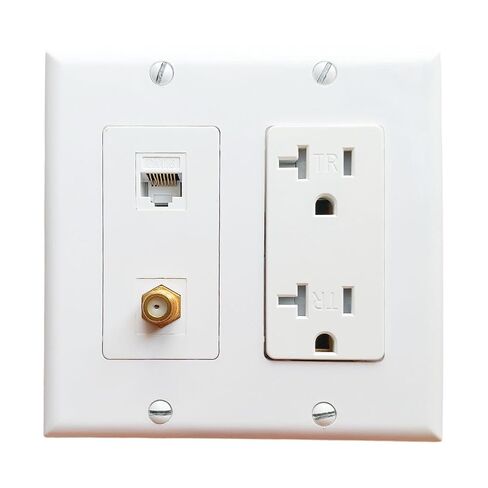 2 Gang Ethernet Coax Wall Plate with 20Amp Power Outlet - Duplex Receptacle Outlet Cover Plate with Coaxial Ethernet +1 Port CAT6 + 1 Coax Cable TV F Type Jack- White in Saudi Arabia