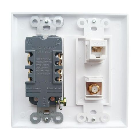 2 Gang Ethernet Coax Wall Plate with 20Amp Power Outlet - Duplex Receptacle Outlet Cover Plate with Coaxial Ethernet +1 Port CAT6 + 1 Coax Cable TV F Type Jack- White in Saudi Arabia